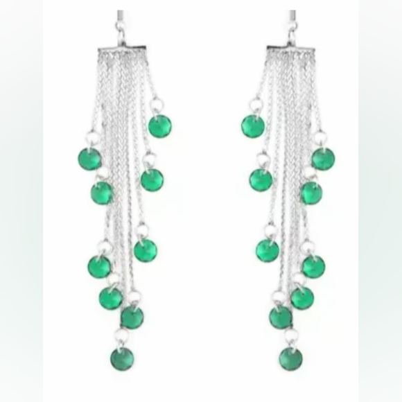 Women's Simulated Green Diamond Silver Toned Stainless Steel Dangle Earrings - Picture 2 of 4